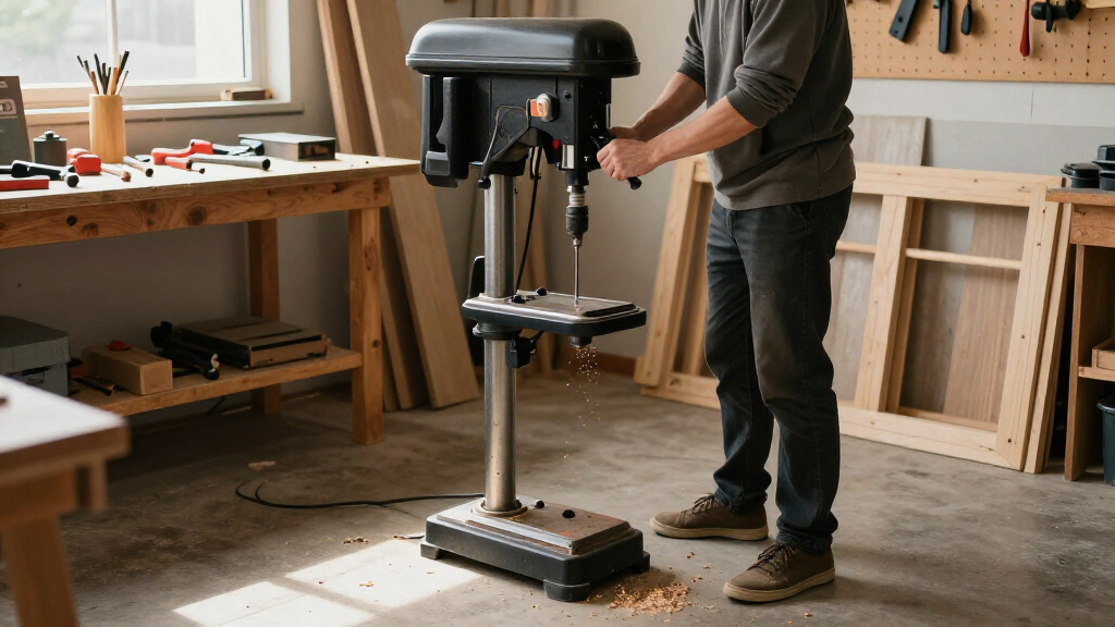 floor standing drill press for a garage workshop