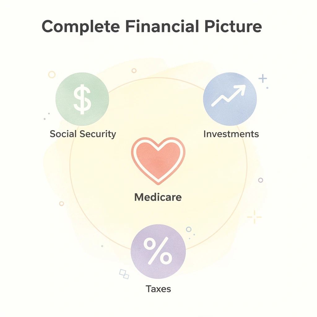 Hub and spoke diagram showing Roth conversions connected to Medicare, Social Security, investments, and taxes