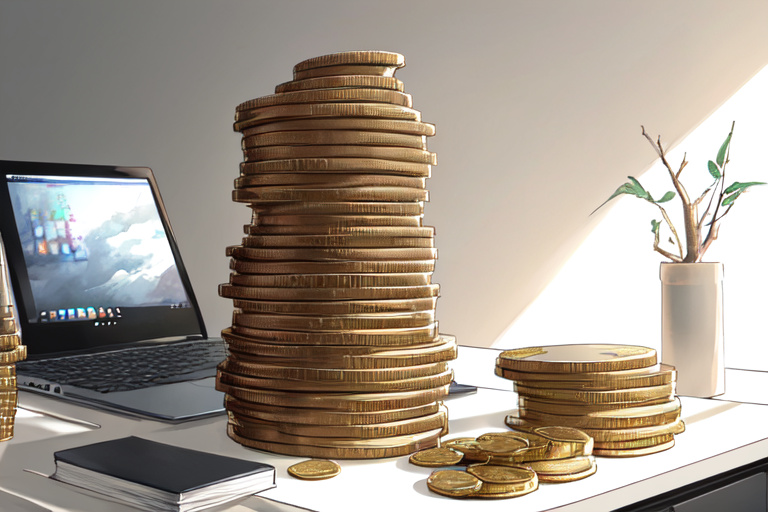 Stacks of coins beside a laptop on a desk