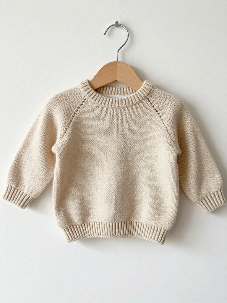 A light beige fuzzy knitted baby sweater with raglan sleeves and eyelet trim hangs on a wooden hanger from a metal hook.