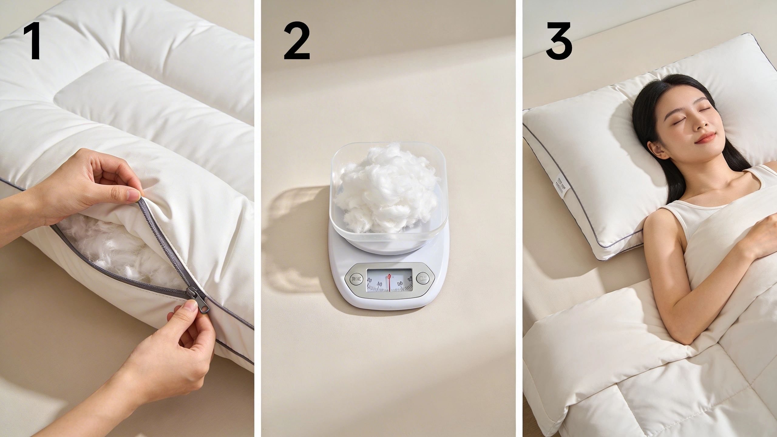 Benefits of an adjustable pillow for neck support and spinal alignment visual: Step-by-step overhead sequence: hands unzipping an adjustable pillow, measuring out fill on a small kitchen scale, then testing the pillow by lying down. Clean, bright setting, neutral bedding, numbered steps visually implied from left to right. Realistic photo style with clear focus on the adjustment process.