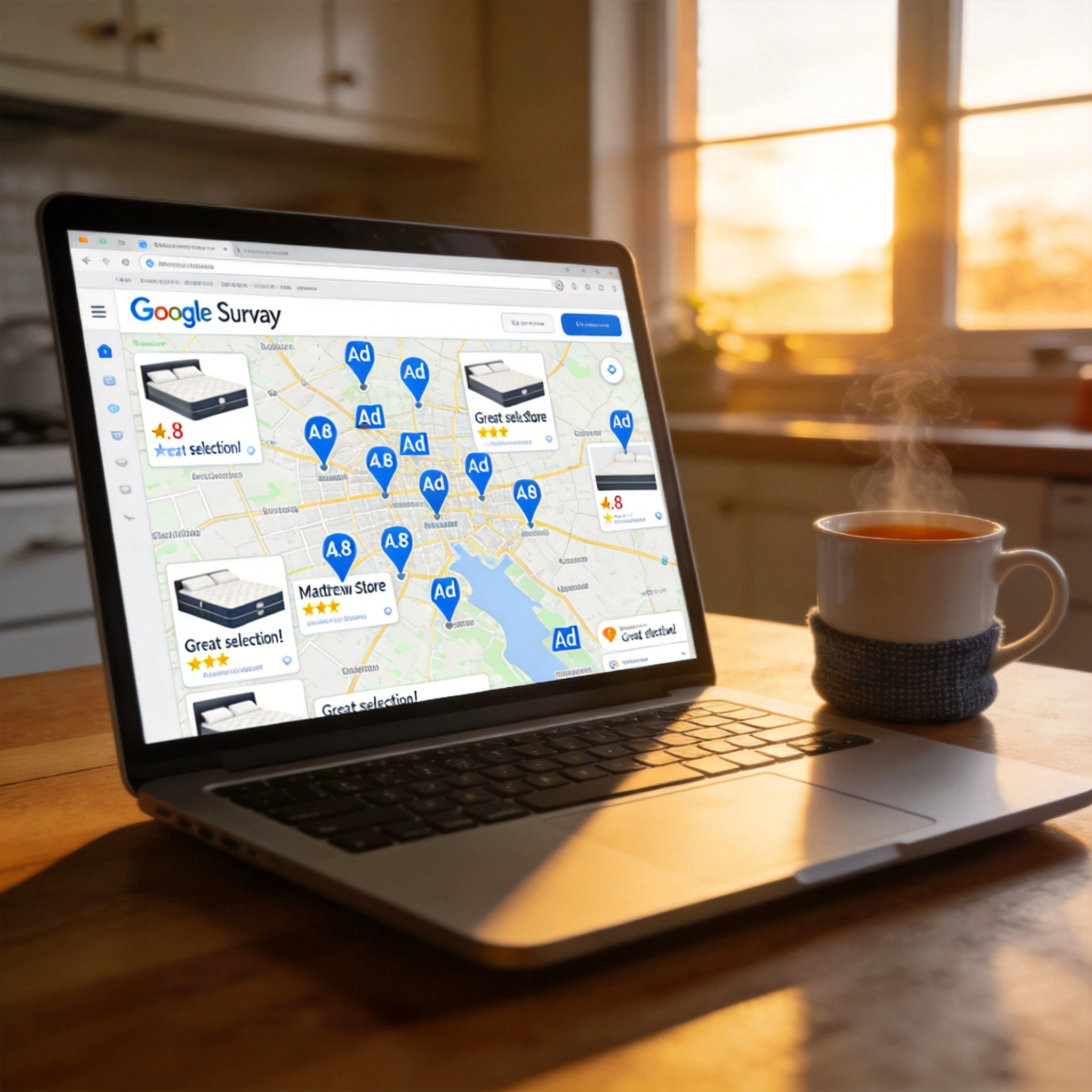 What Does a ‘Mattress Near Me’ Search Really Show in Surrey? visual: A laptop on a kitchen table in a Surrey home, Google Maps open showing Surrey area with many mattress store pins, some marked as ads, others with star ratings and reviews. A cup of tea nearby, evening light through the window. Realistic style, slightly top-down view, informative and analytical mood.