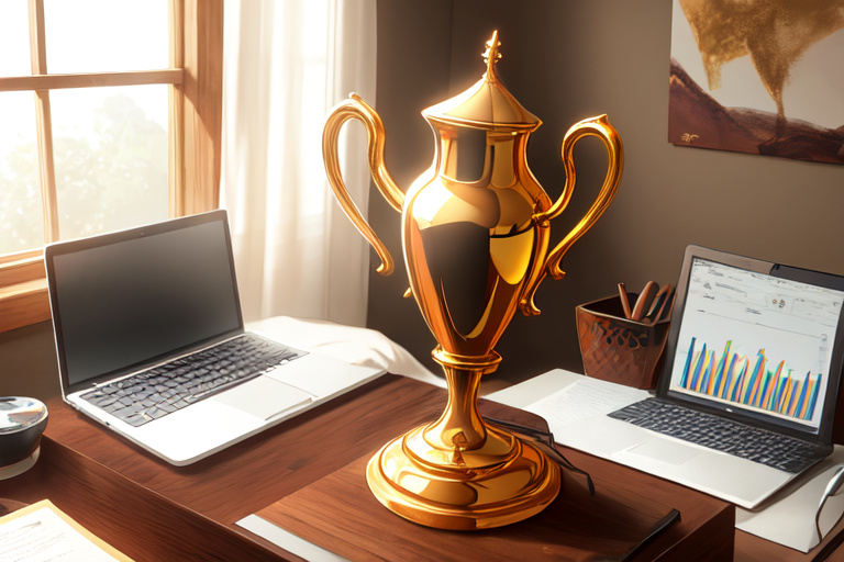 a golden trophy on a desk beside a laptop
