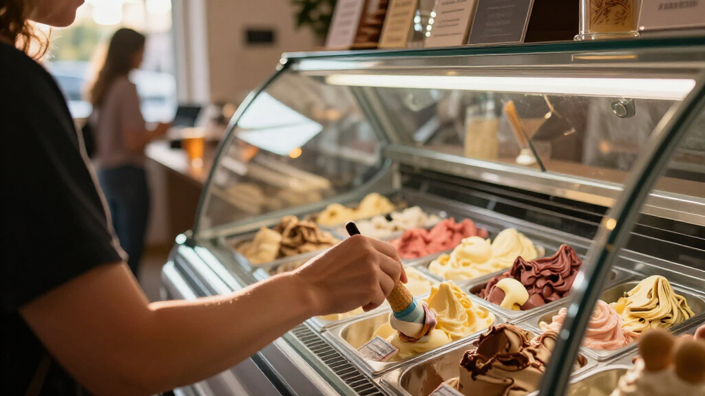 ice cream display freezer with curved glass