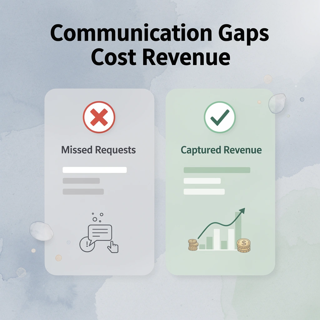 Before and after infographic showing the impact of communication gaps on hotel revenue