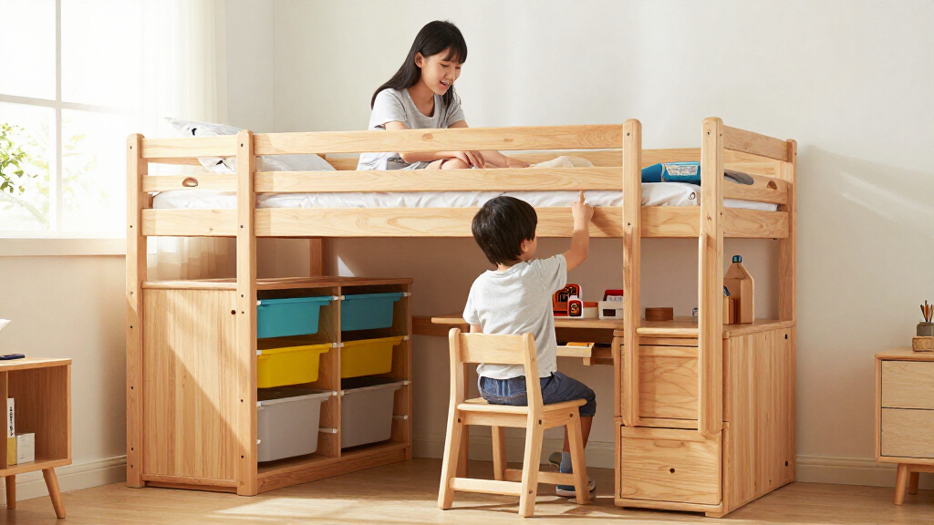 low loft bed with desk and storage