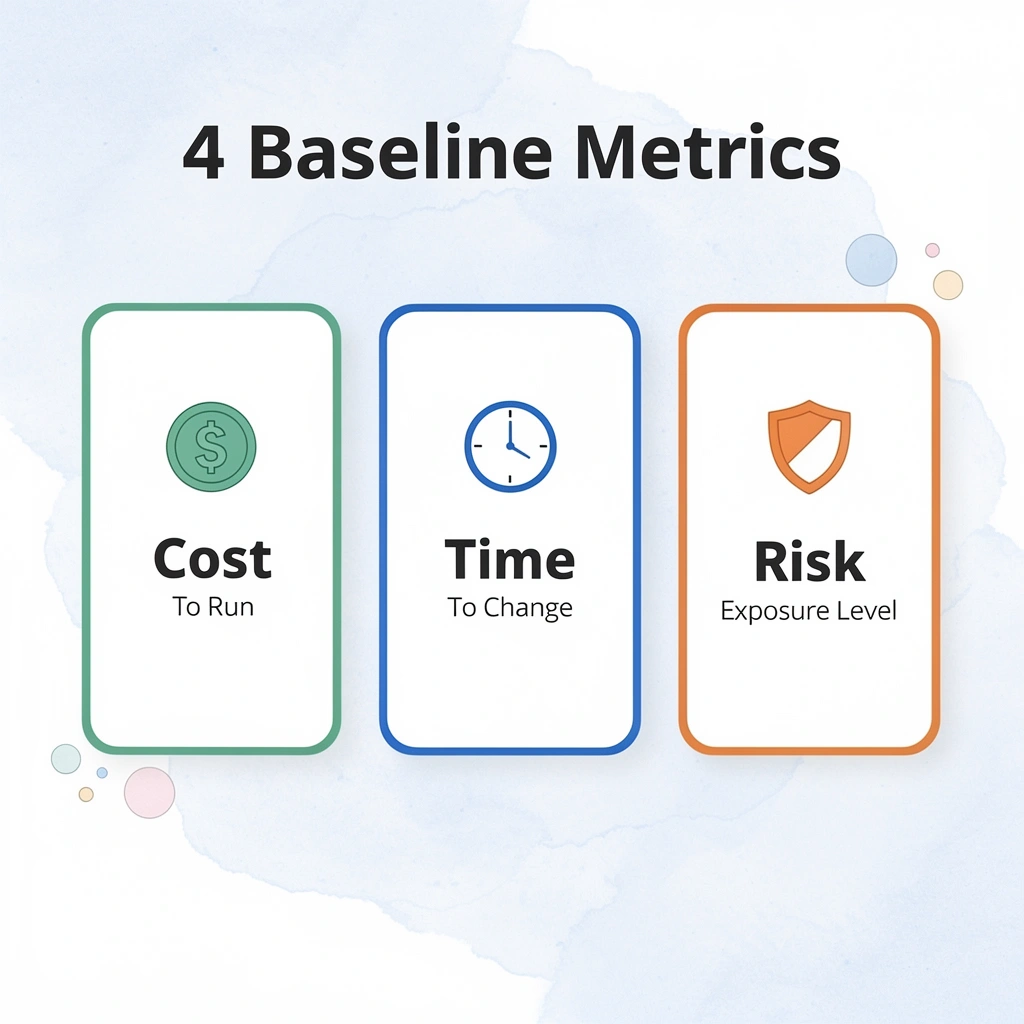 Infographic showing the four baseline metrics to track before modernization