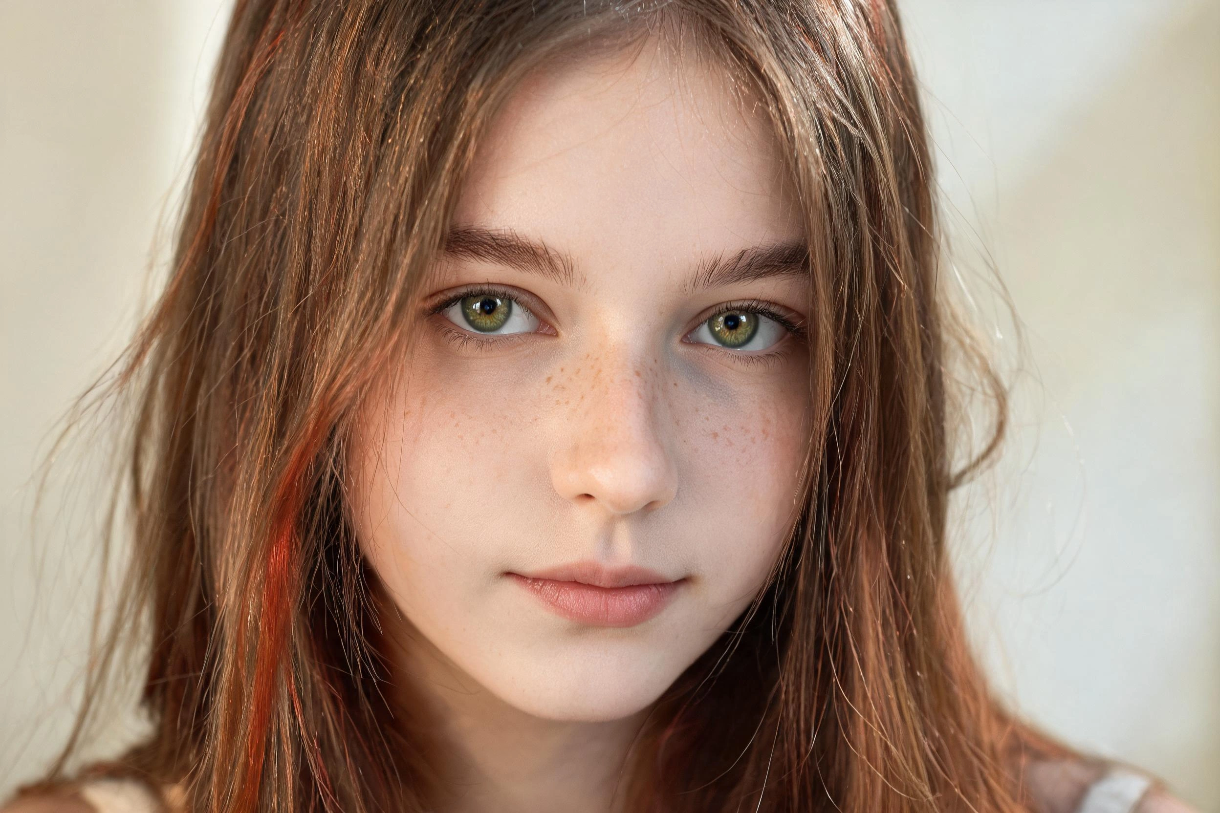 photorealistic, RAW photo, close-up portrait of an 18-year-old young woman with an oval face tending toward oblong shape, striking green hazel eyes with natural catchlights, light brown hair with subt