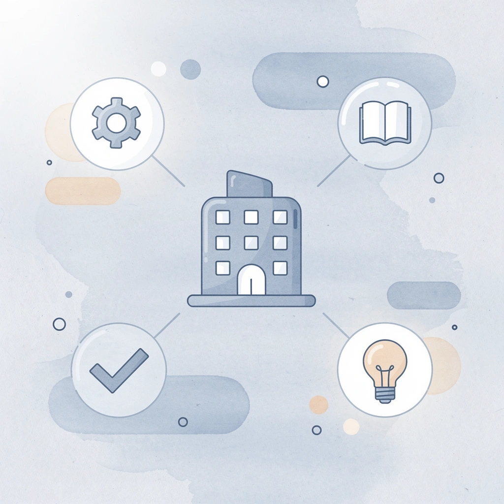 Hub diagram showing guest needs at center surrounded by core hospitality software features