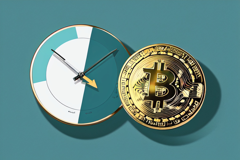 a bitcoin coin with an outgoing arrow and a small clock