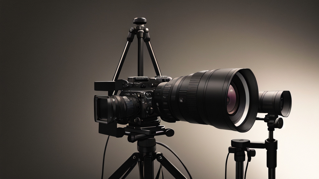 a professional video camera on a tripod in a softly lit studio