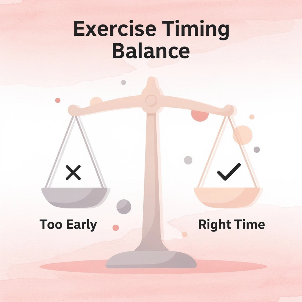 Balance scale showing proper exercise timing versus premature exercise