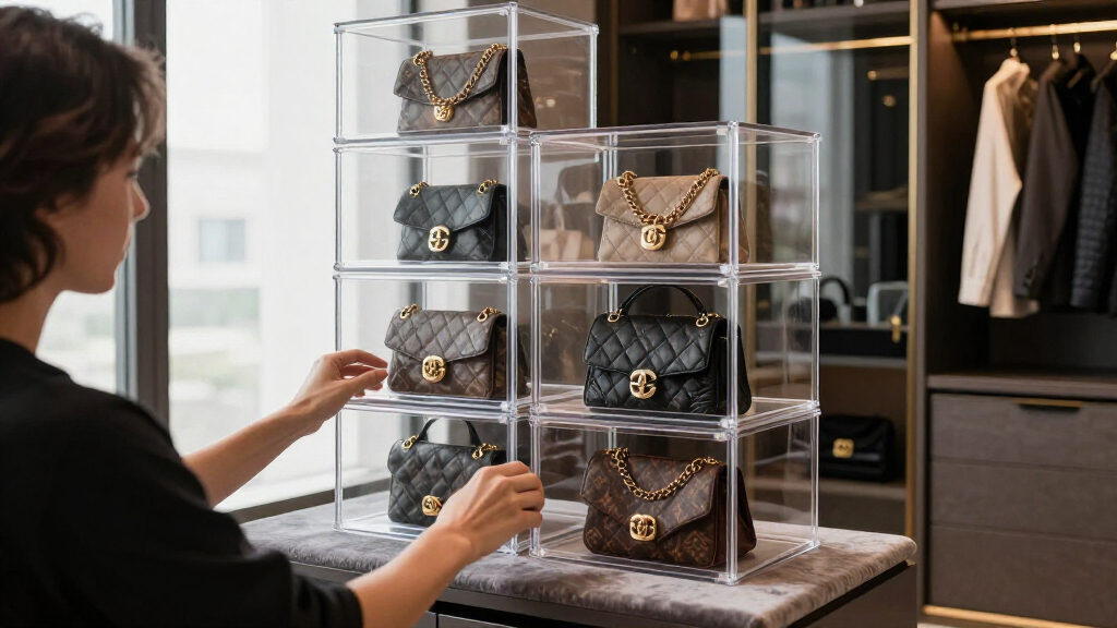 stackable handbag storage boxes for luxury closet organization