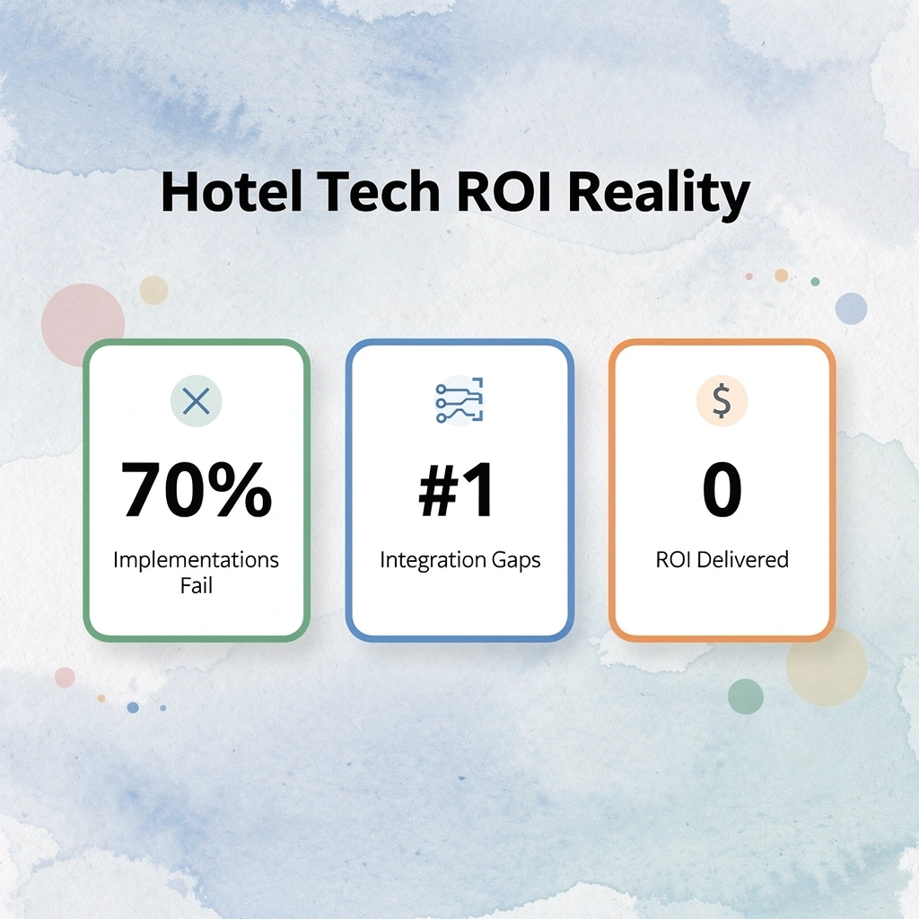 Stats infographic showing 70% of hotel tech implementations fail to deliver ROI