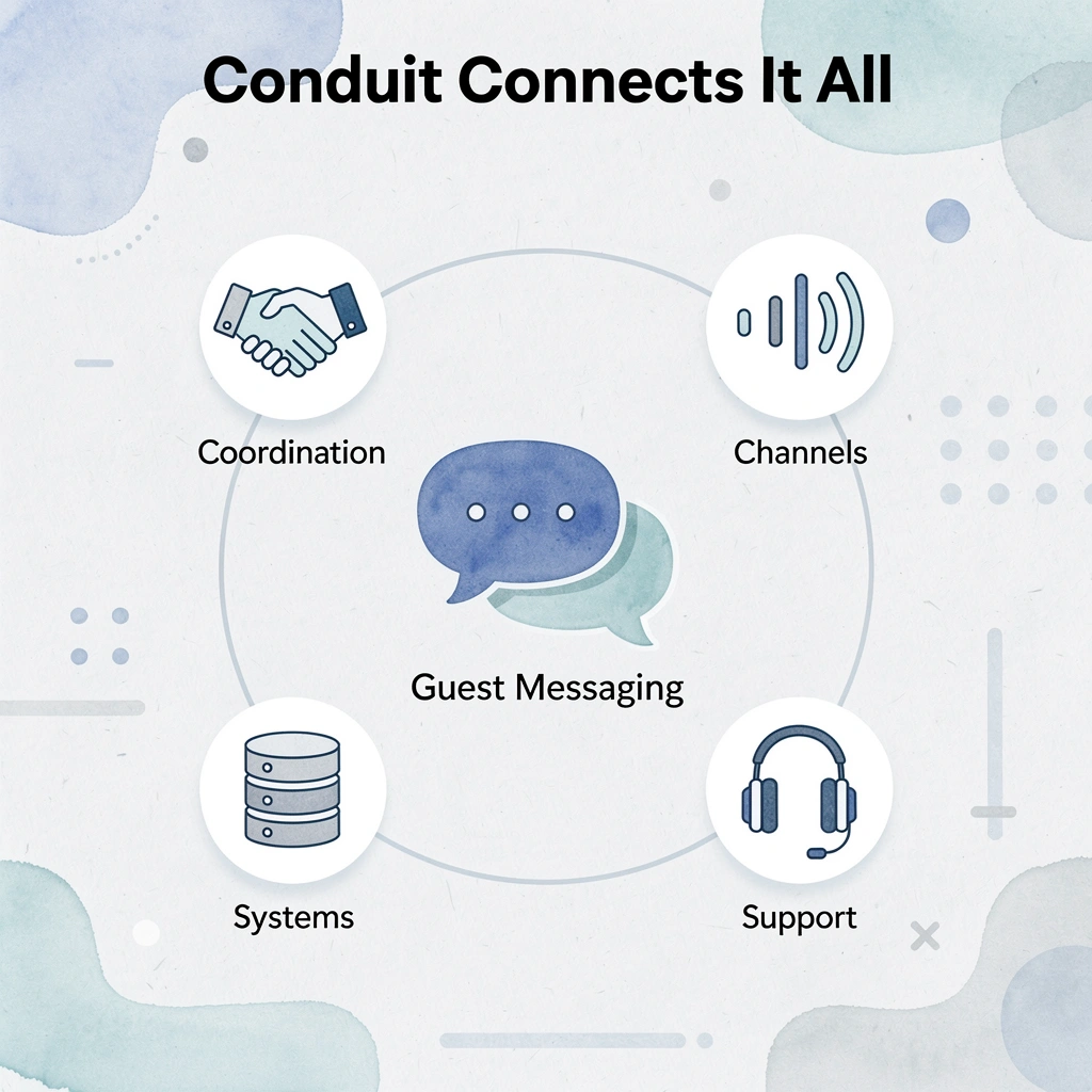 Hub and spoke infographic showing Conduit connecting five hospitality operation areas