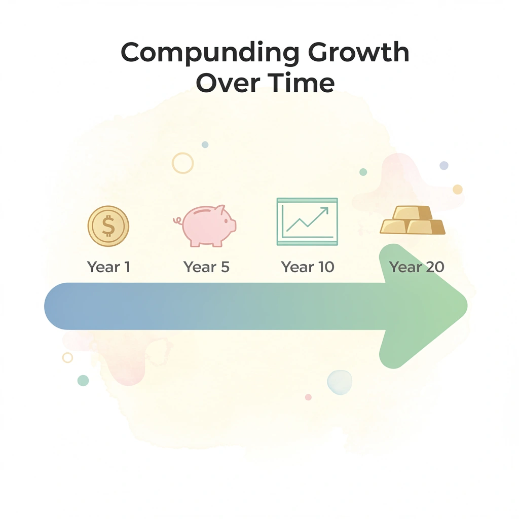 Arrow progression infographic showing investment growth milestones from year one to year twenty
