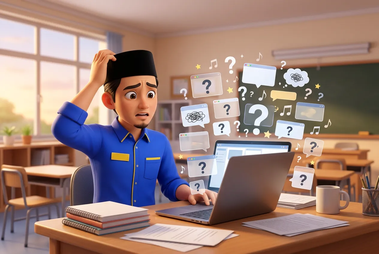 Ilustrasi cikgu pening depan laptop dengan banyak tools AI