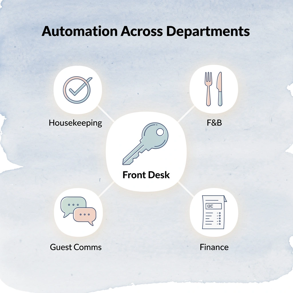 Hub and spoke infographic showing automation connecting all hotel departments
