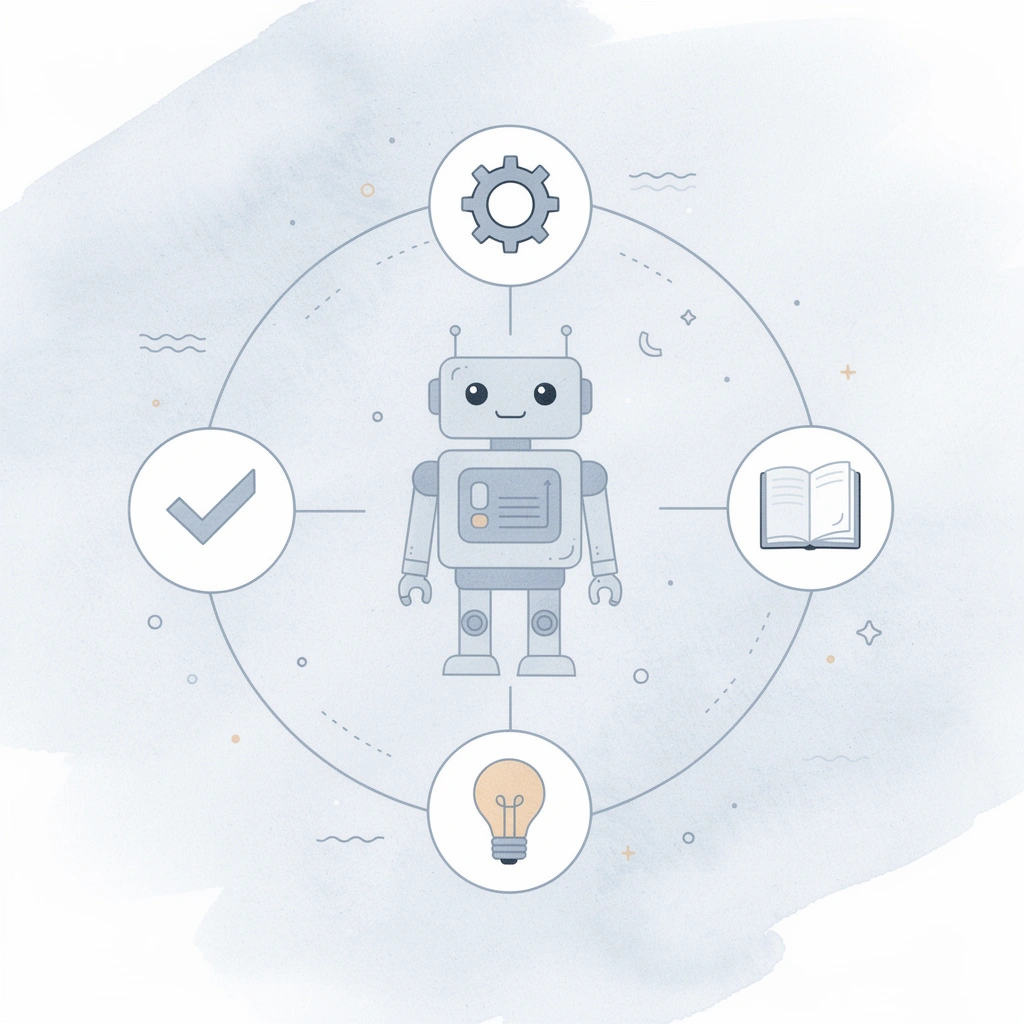 Icon hub showing AI at center connected to communication, workflows, metrics, and alerts