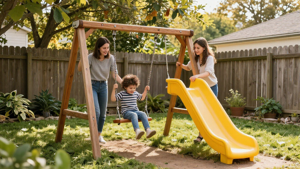 wooden swing set with slide for small backyard