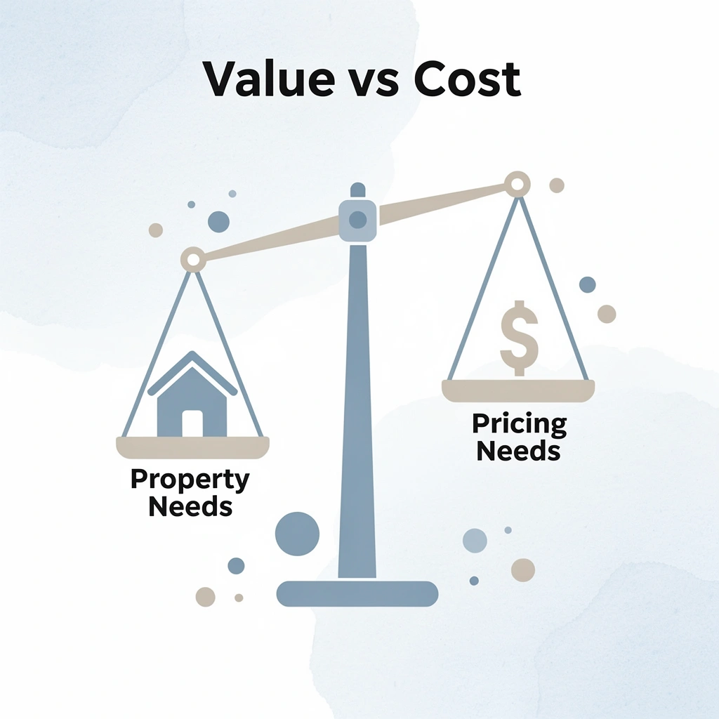 Balance scale comparing property needs with pricing