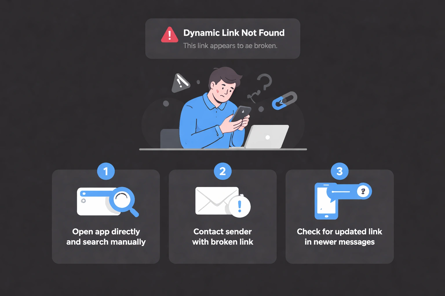 Visual guide for users encountering 'Dynamic Link Not Found' errors, showing three actionable steps: manually searching in the app, contacting the sender, and checking for updated links.