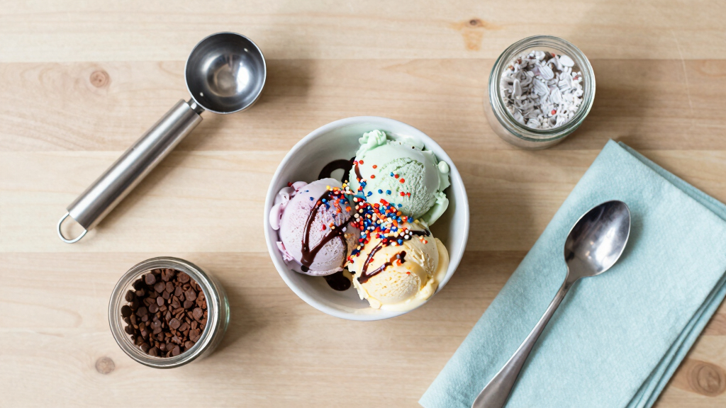 ice cream scoops and toppings