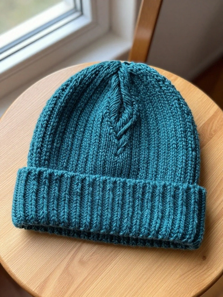 A teal knitted beanie with a central braided cable on the crown and ribbed brim sits on a wooden stool by a window.