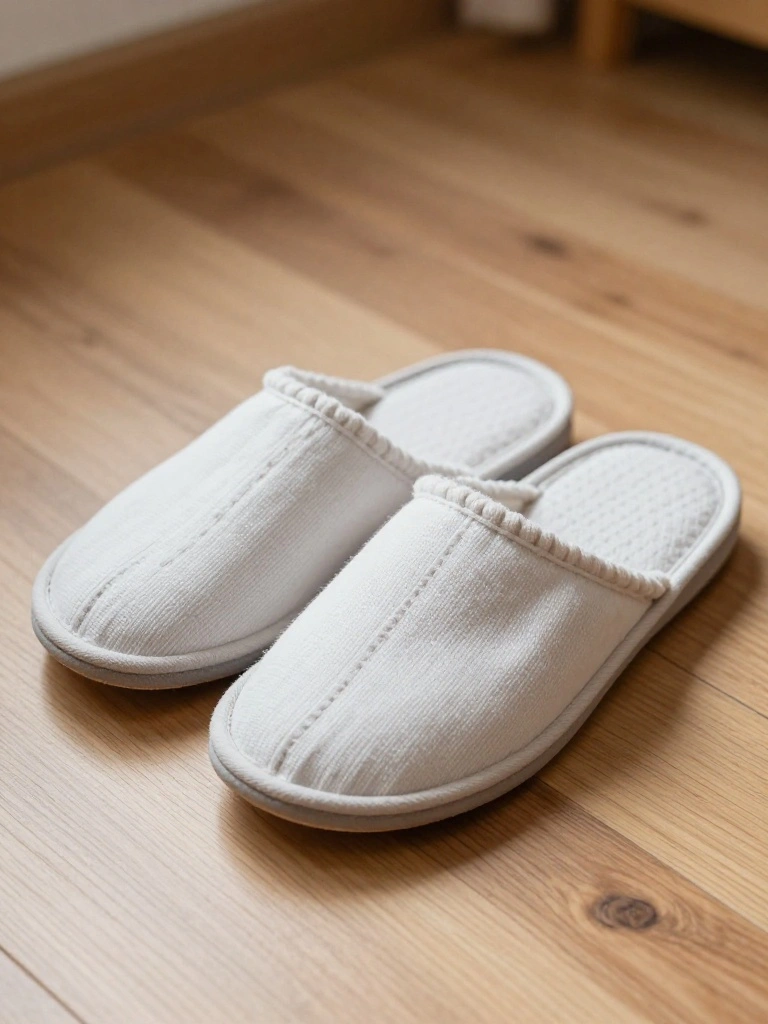 A pair of white backless knitted slippers sits on a light wooden floor next to a low furniture piece.