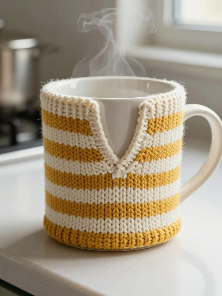 White ceramic mug with rising steam inside a yellow-and-white striped knitted cozy featuring a V-neck handle opening on a kitchen counter.