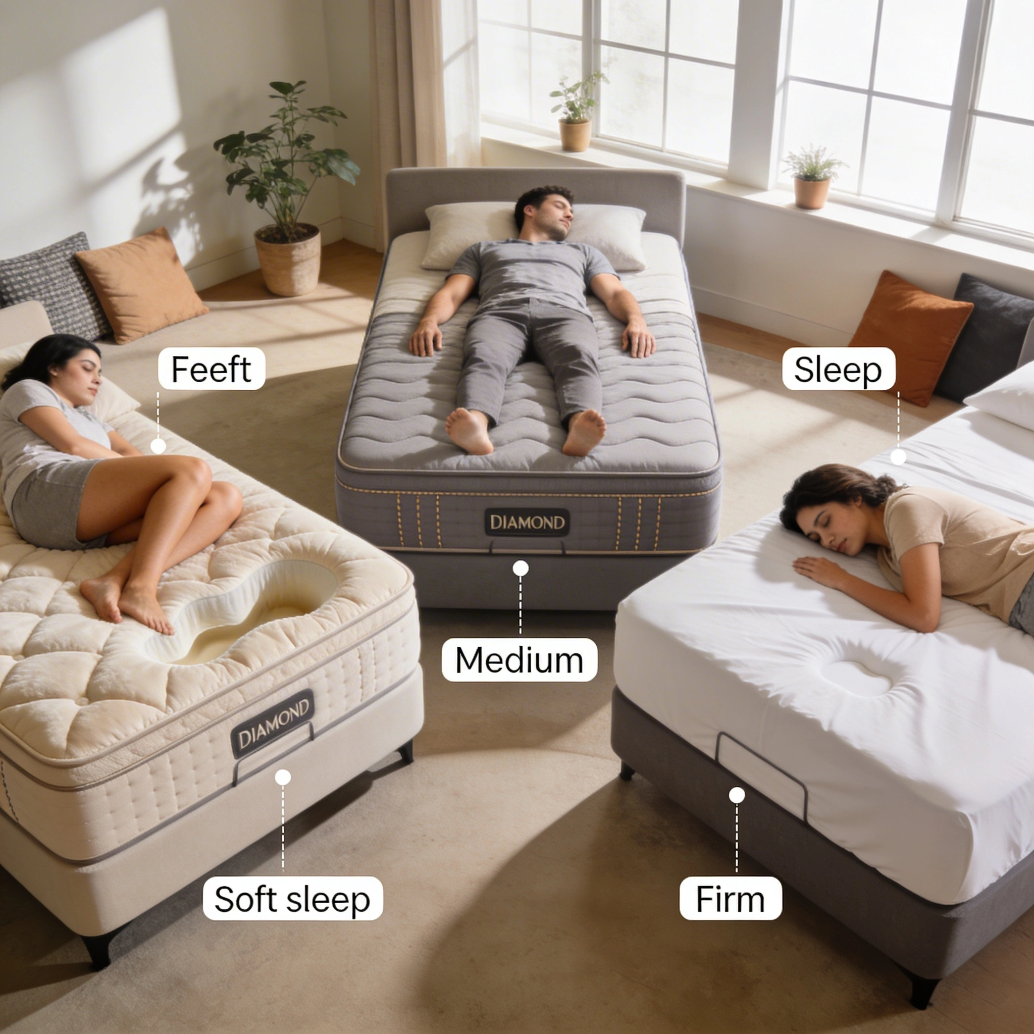 Diamond Mattress firmness, feel, and pressure relief for different sleepers visual: Scene showing three different people on separate Diamond Mattresses in a studio: a side sleeper, back sleeper, and stomach sleeper. Each bed labeled subtly with soft, medium, and firm feel through visual cues only. Cozy bedroom setting, neutral tones, natural light, lifestyle photography style, focus on body alignment and relaxed expressions.