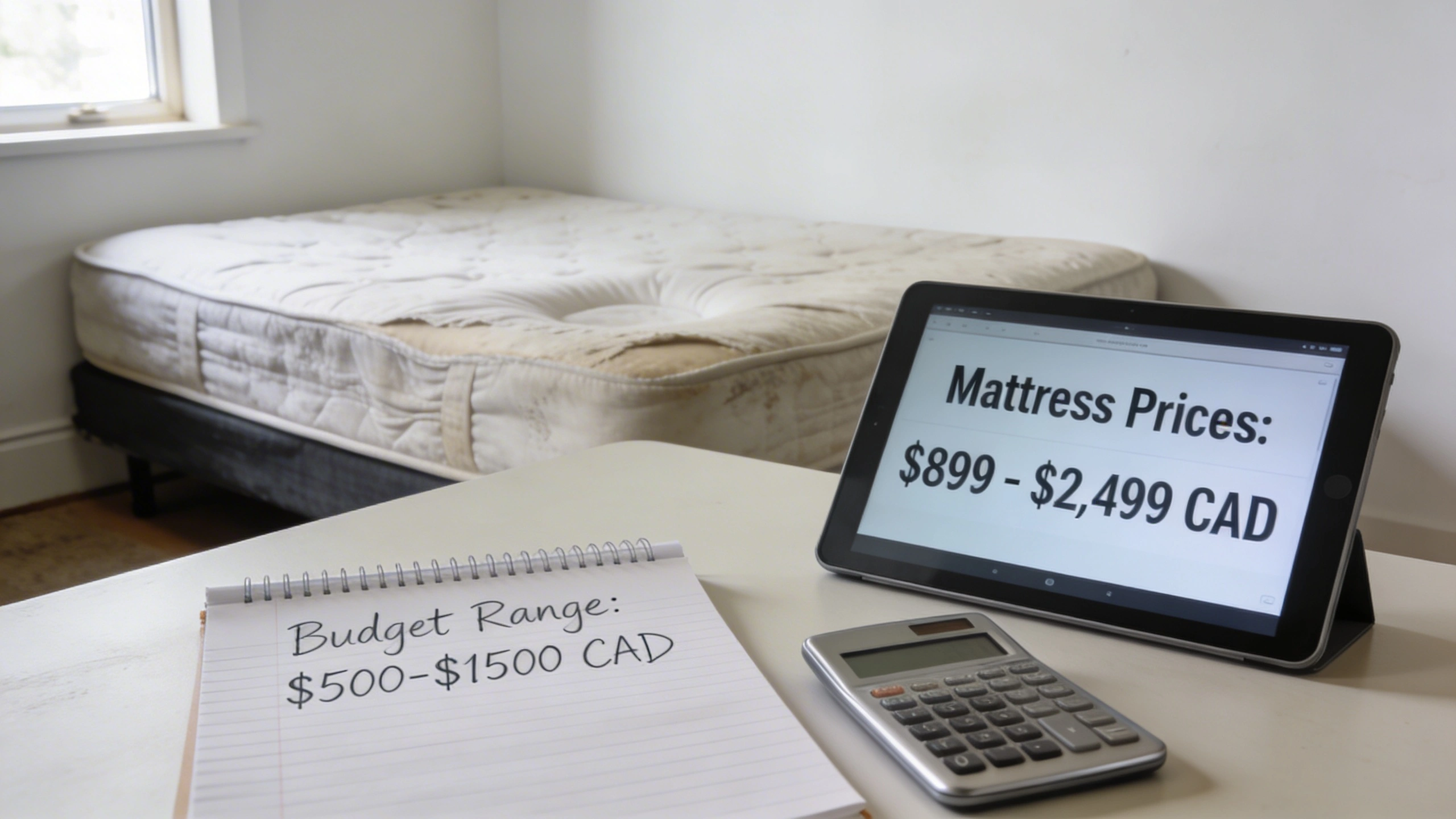 Comparing Materials and Firmness When Shopping Mattress Online visual: Close-up of a notebook on a table with a written budget range, a calculator, and a tablet showing mattress prices in Canadian dollars. Background shows a simple bedroom with an older mattress. Realistic photography, soft natural light, organized composition, practical and focused mood.