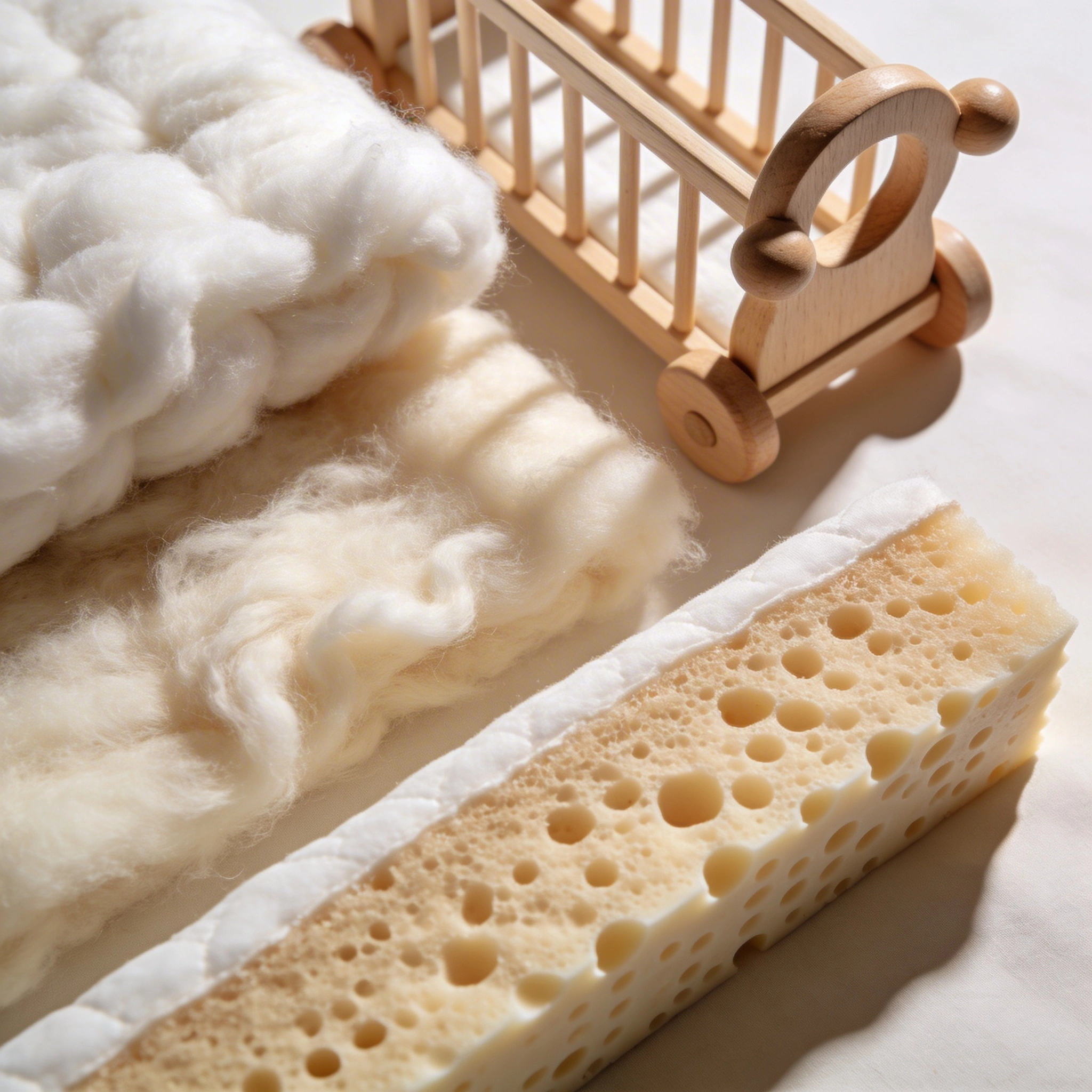 Key Materials in an Organic Crib Mattress Canada Retailers Offer visual: Flat-lay of natural mattress materials: organic cotton batting, wool fleece, and a cross-section of natural latex, arranged neatly beside a small wooden crib toy. Neutral palette, soft textures highlighted, shot from above with gentle natural light, evoking eco-friendly, non-toxic craftsmanship.