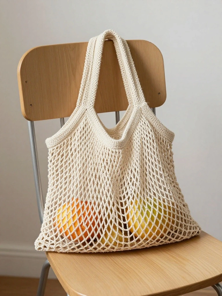 A cream-colored knitted mesh bag with two handles hangs from a wooden chair back, holding several oranges visible through the open stitches.
