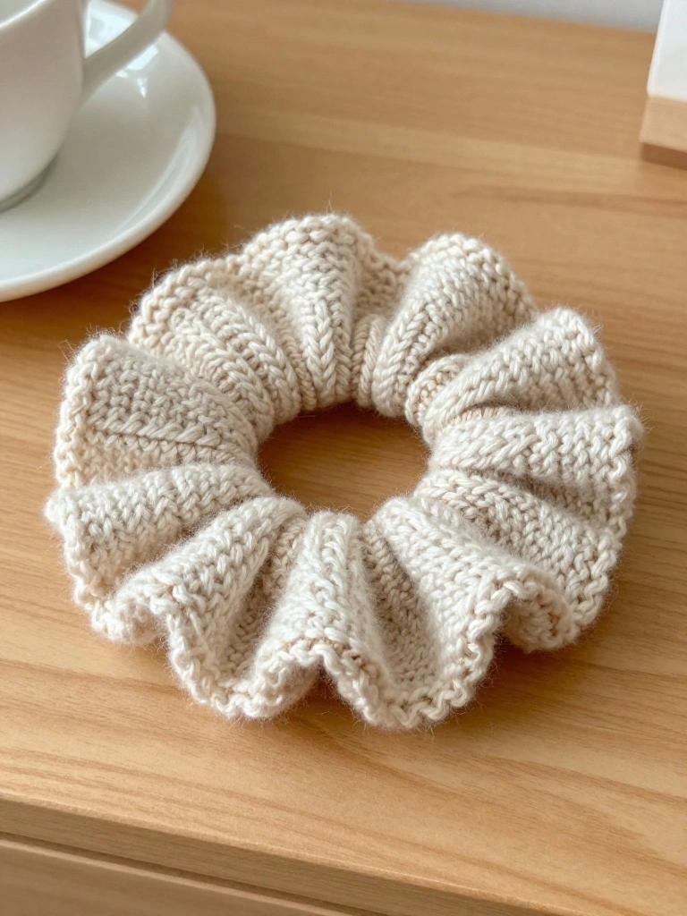 Cream-colored knitted scrunchie with ruffled petal edges on a wooden table next to a white teacup and saucer.