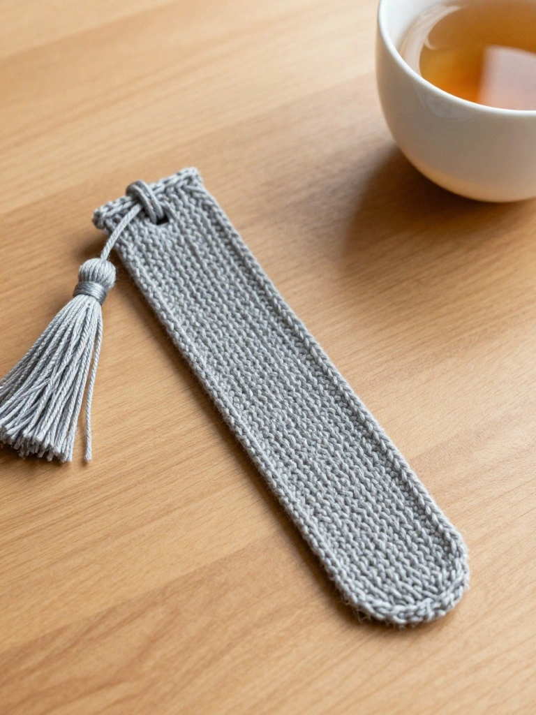 Gray knitted bookmark with twisted cord tassels on a wooden table next to a white teacup of tea.