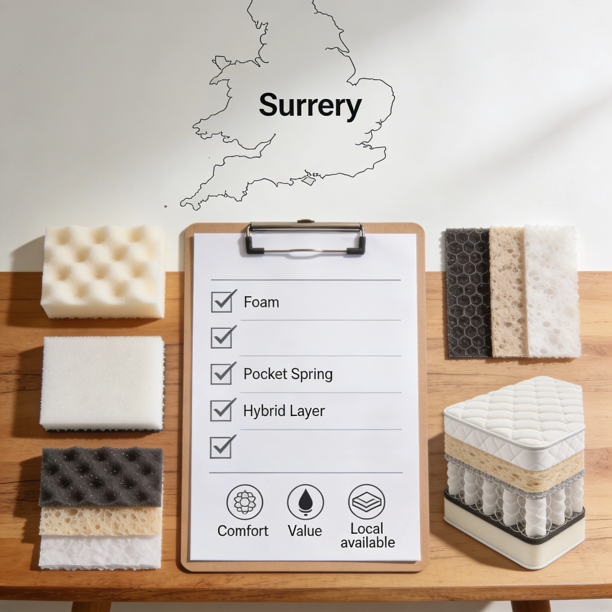 How We Chose the Best Mattresses Surrey Buyers Should Consider visual: Collage-style image showing a checklist on a clipboard, swatches of mattress materials (foam, pocket springs, hybrid layers), and icons for comfort, value, and local availability. Subtle Surrey map outline in the background. Clean, editorial style, flat-lay composition on a wooden table, bright natural lighting, professional but approachable mood.