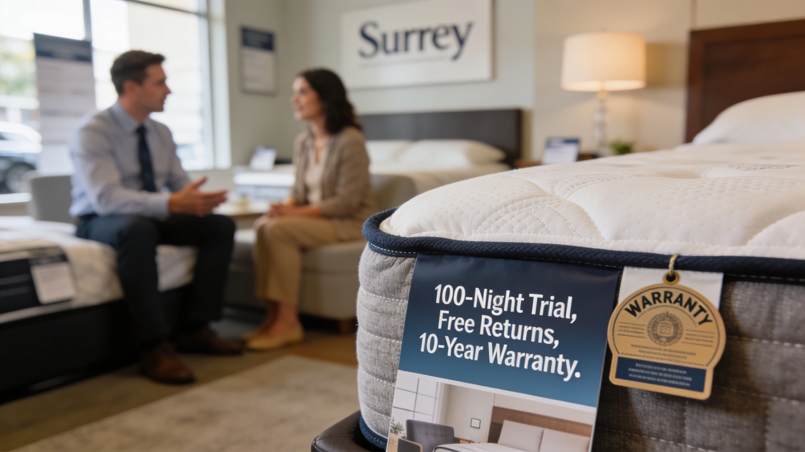 How to Filter ‘Mattress Near Me’ Results for Quality, Not Just Proximity visual: Close-up of a mattress corner with a visible warranty tag and a brochure on the bed reading “100-Night Trial, Free Returns, 10-Year Warranty.” A salesperson in the background talking with a customer in a Surrey showroom. Soft indoor lighting, realistic photography, reassuring and practical mood.