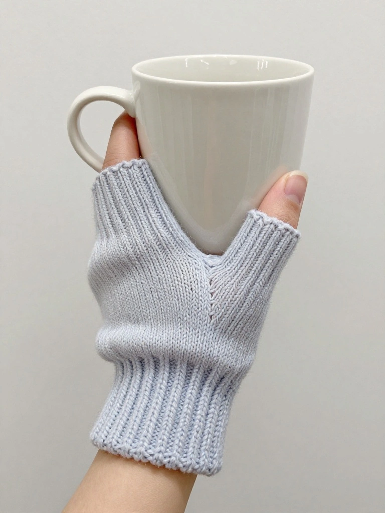 A hand in light blue knitted fingerless mitts holds a white ceramic mug.