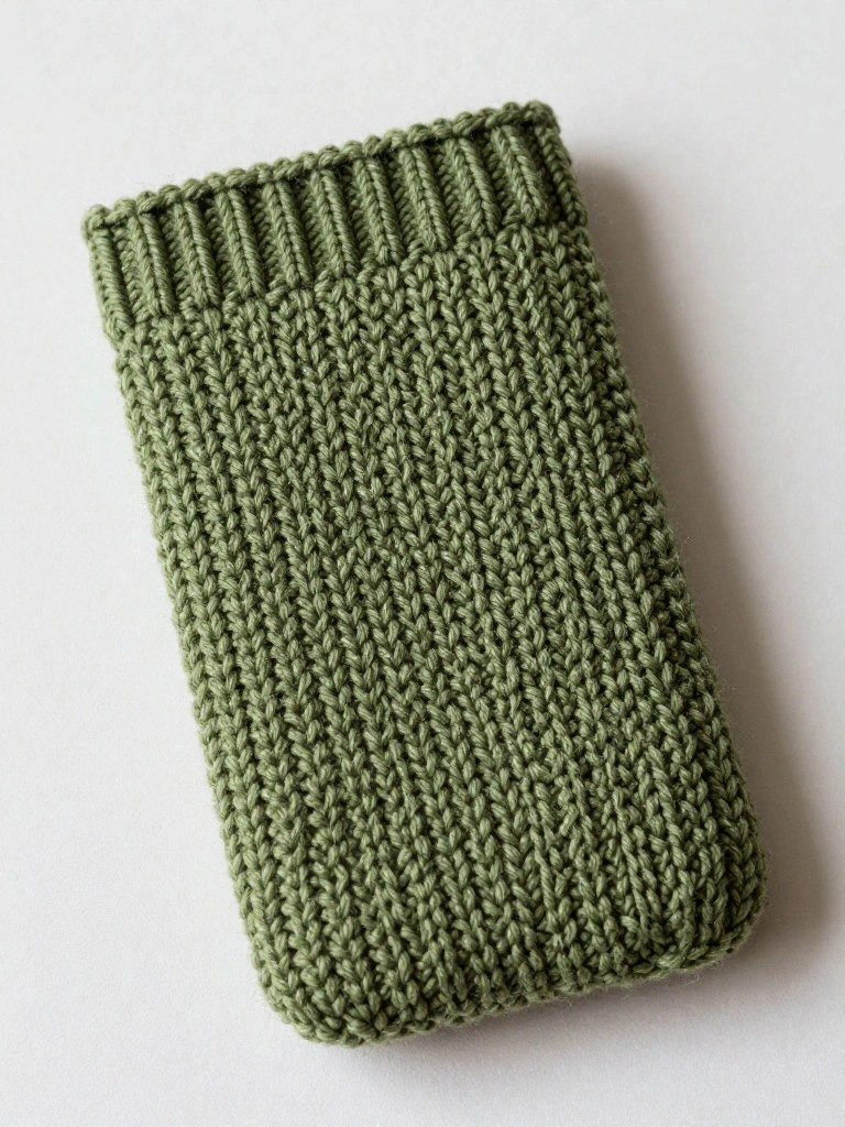 A rectangular green knitted sleeve with ribbed top edge, laid flat on a white surface.