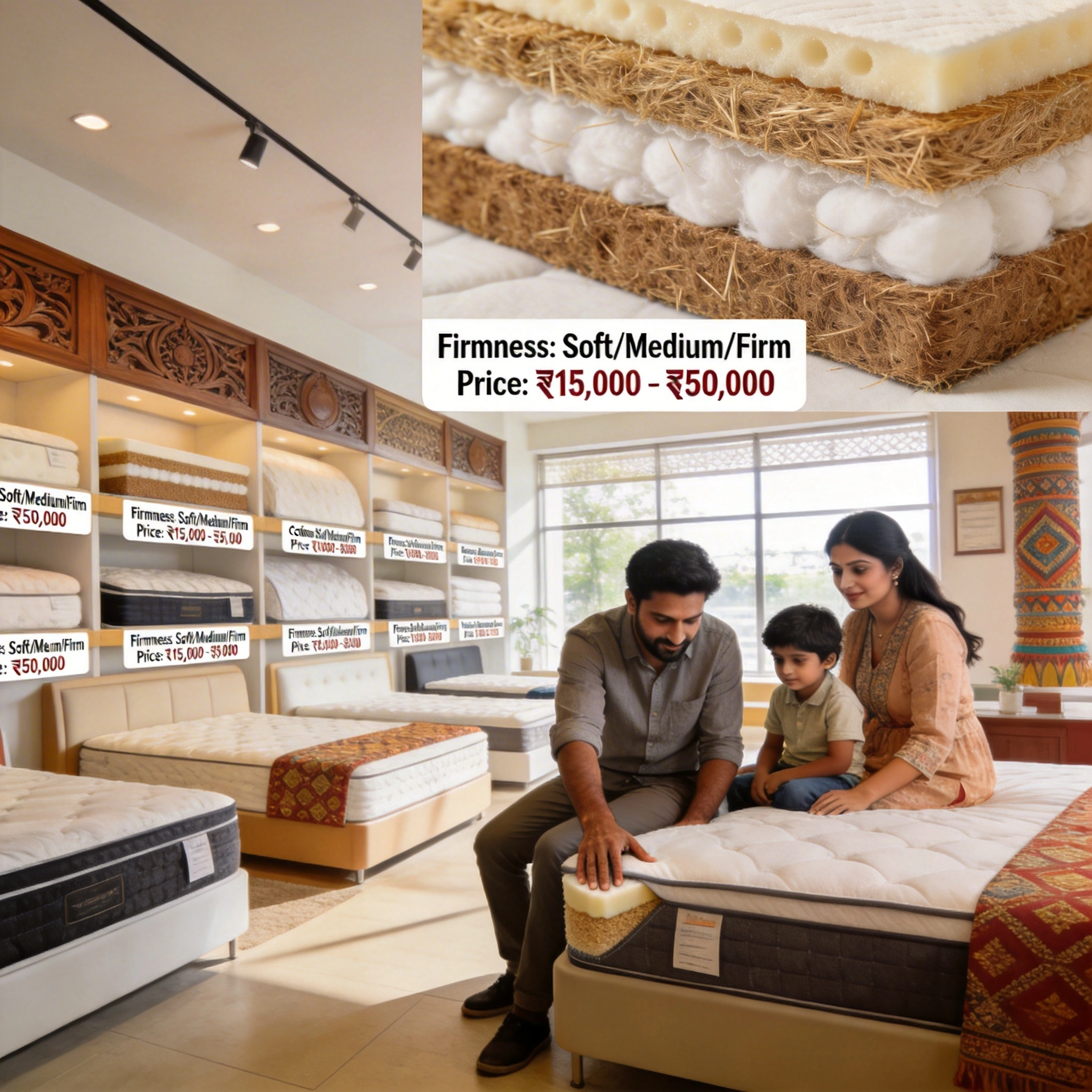 What to Expect from a Quality Indian Mattress Store Near Me visual: Interior of a quality Indian mattress store, showing a variety of coir, cotton, and hybrid mattresses labeled with firmness and price. Close-up of mattress cross-sections showing layers. A South Asian family inspects edge support by sitting on a mattress corner. Bright, organized, modern store with subtle Indian motifs. Realistic photo style.