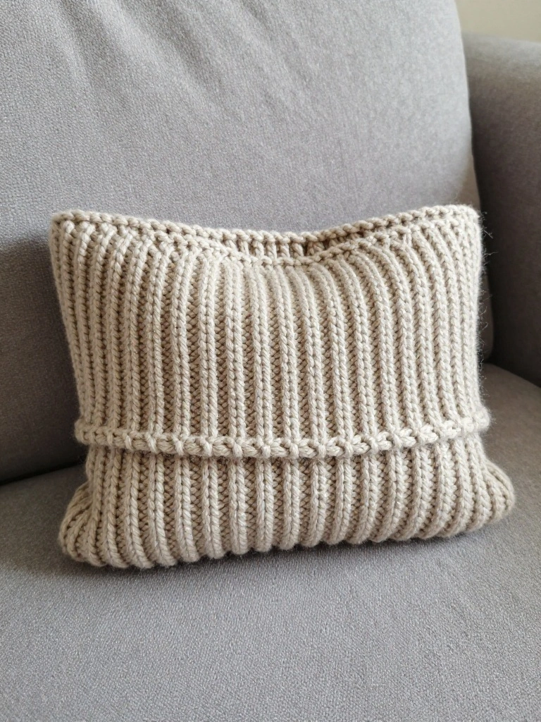 A rectangular cream-colored knitted pillow with vertical ribbing and fuzzy texture sits on a gray couch.