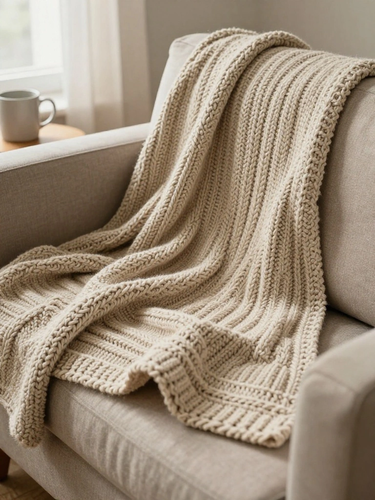 A cream-colored chunky knitted blanket with vertical ribbing draped over a light gray armchair by a window.