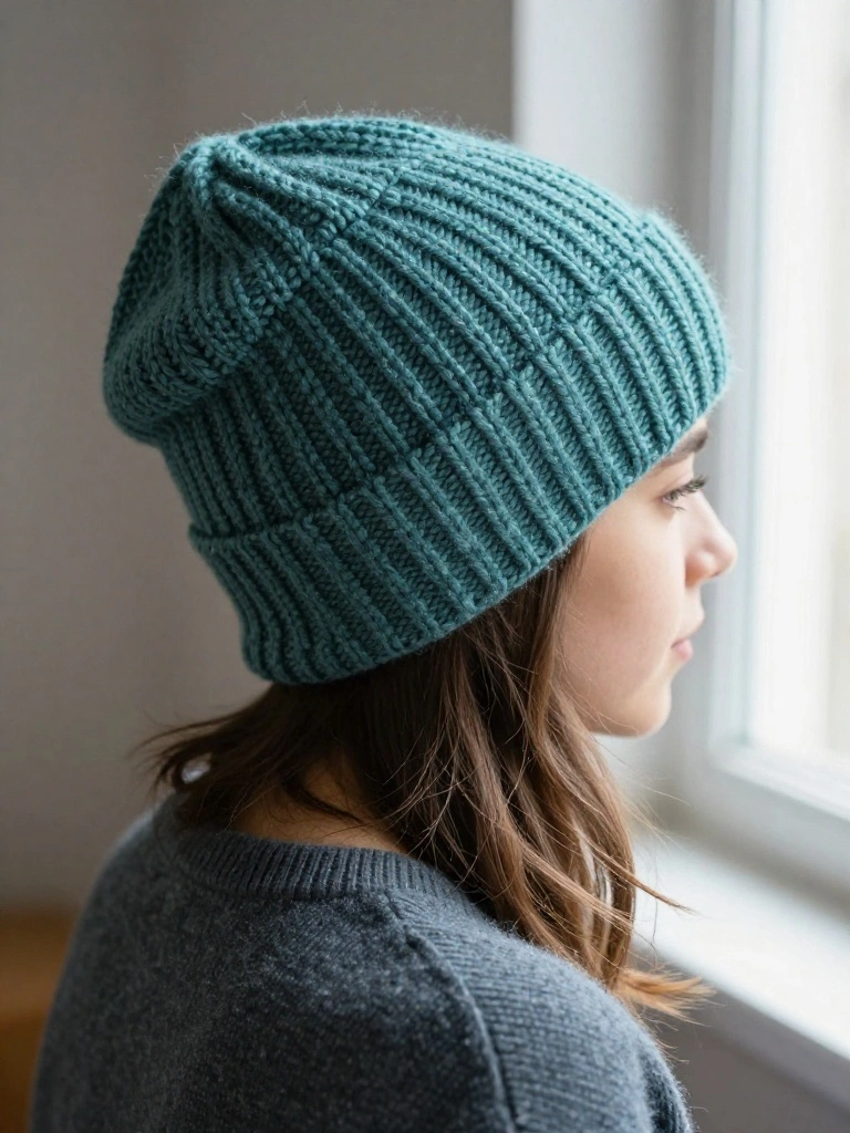 Side profile of a young woman wearing a teal slouchy knitted beanie with ribbing and a gray sweater, gazing out a window.