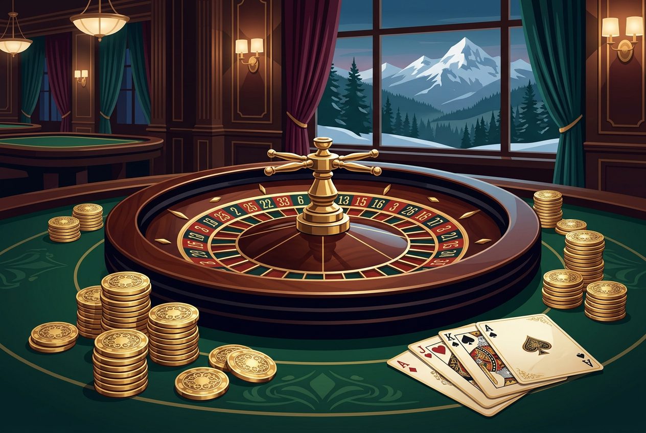 Illustration roulette (jeux de table) casino avec jetons dorés