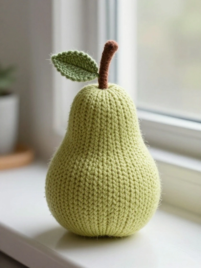 Green knitted pear plush toy with brown stem and green leaf on a windowsill next to a potted plant.