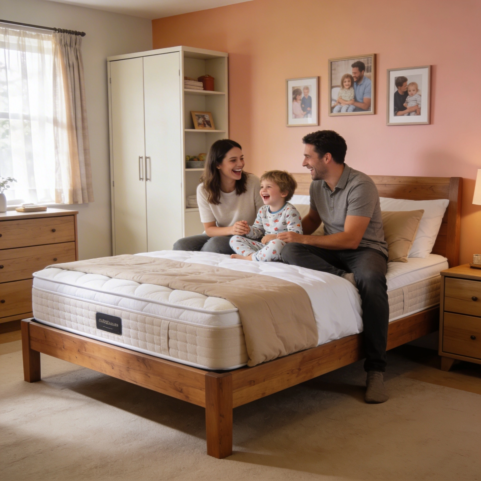 Best Mid-Range Mattresses Surrey Families Prefer visual: Family bedroom scene in a Surrey semi-detached house: a mid-range king-size mattress on a sturdy bed frame, neutral bedding, with a couple and child sitting on the edge, laughing. Room shows practical storage and warm decor. Natural light, friendly lifestyle feel, balanced composition capturing both mattress and family use.