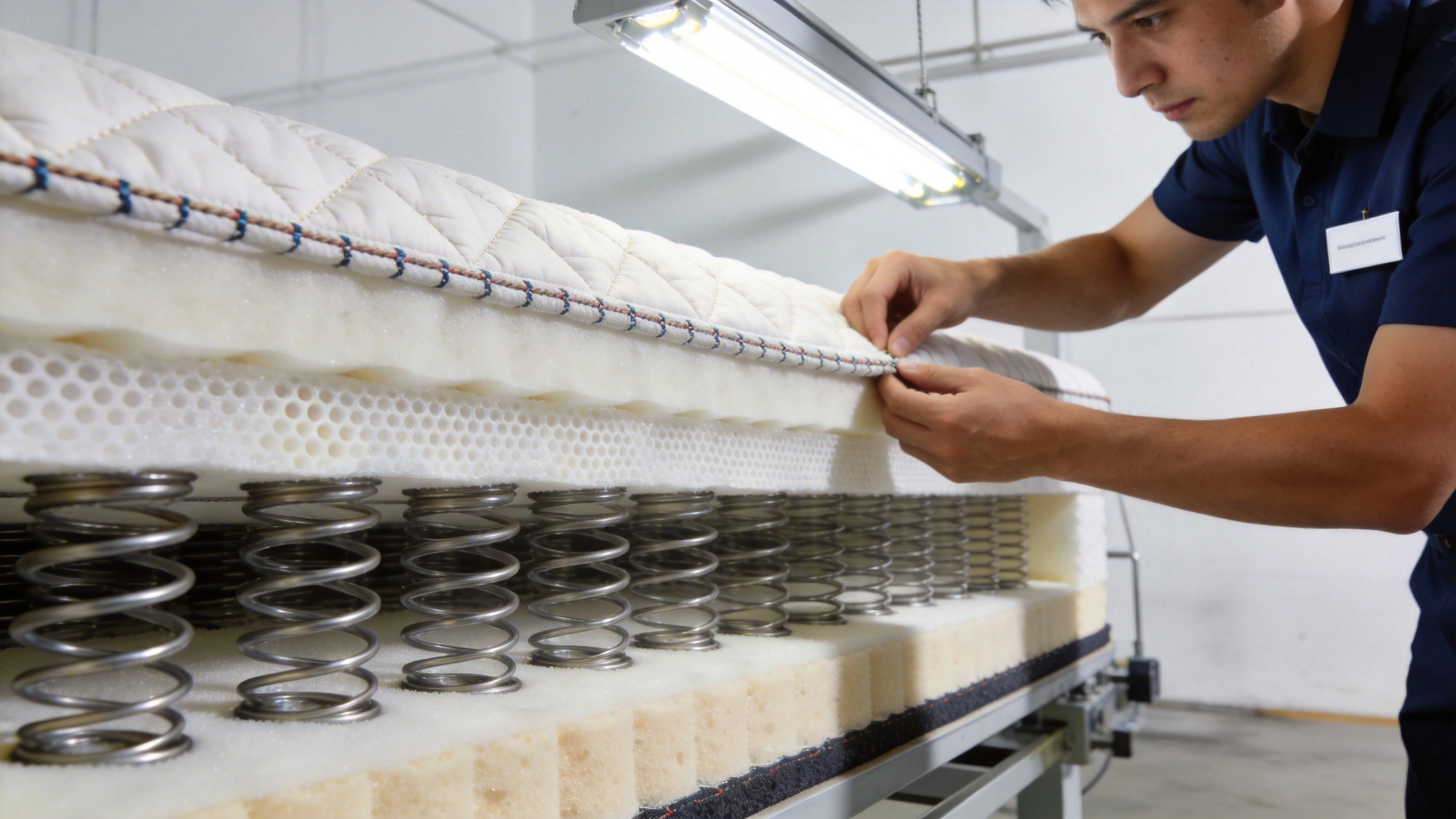 Price Comparison: Mattress Factory Surrey Direct vs Retail Markups visual: Close-up cross-section of a high-quality mattress being inspected in a factory: visible coils, dense foam, edge support, and quilting layers. A worker in uniform checks stitching and alignment under bright inspection lights. Clean, detailed, realistic editorial style, emphasizing craftsmanship and durability.