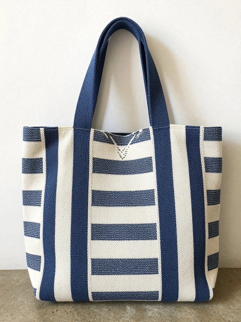 Navy blue and off-white vertically striped knitted tote bag with wide navy handles.