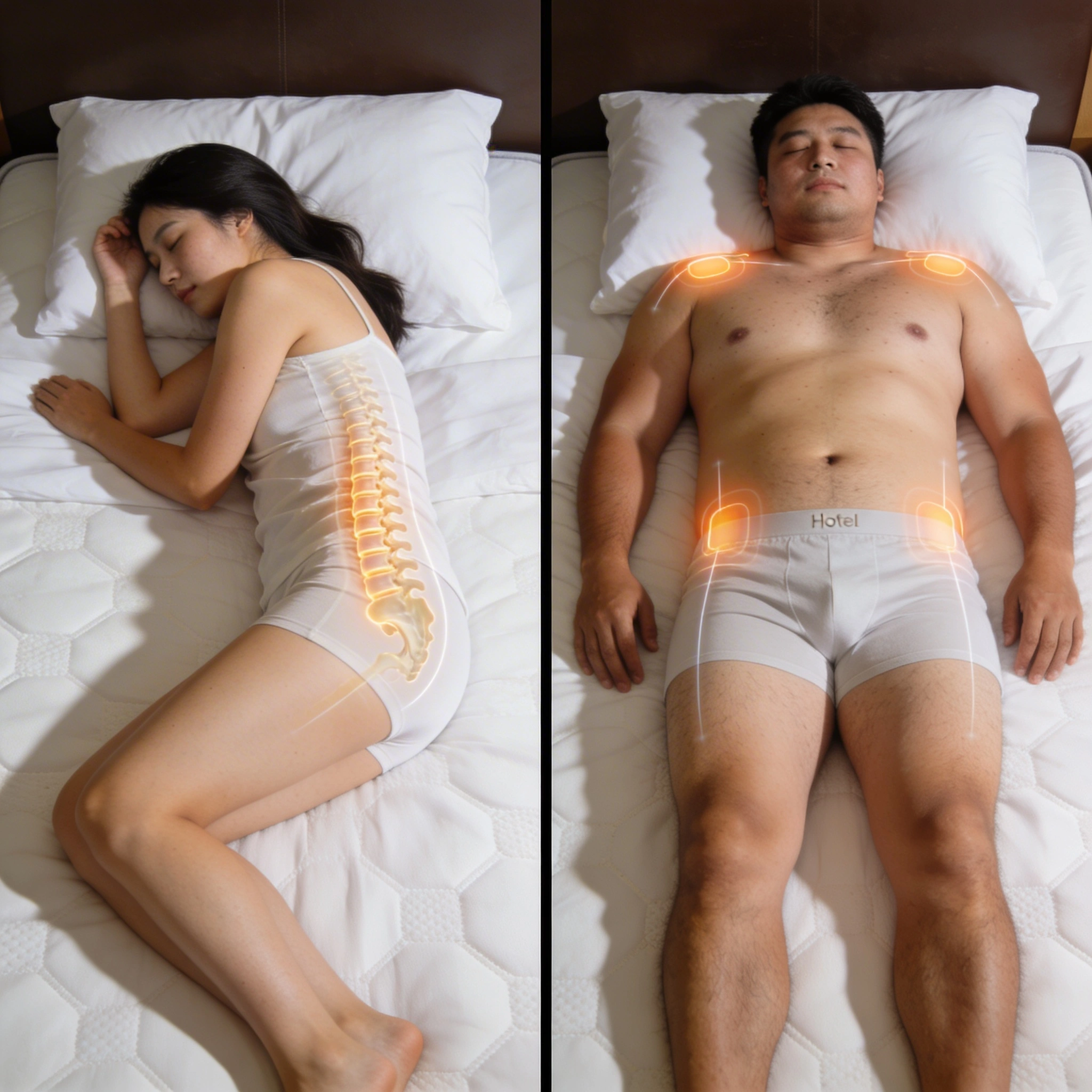 Comfort and Firmness: Hotel Collection Mattress Review for Different Sleepers visual: Split-screen style image: on one side, a lighter-weight side sleeper resting comfortably on the mattress with good spinal alignment; on the other, a heavier back sleeper lying relaxed, both using hotel-style white bedding. Subtle overlays indicating pressure points at shoulders and hips. Warm, photorealistic, focus on body positions and mattress response.